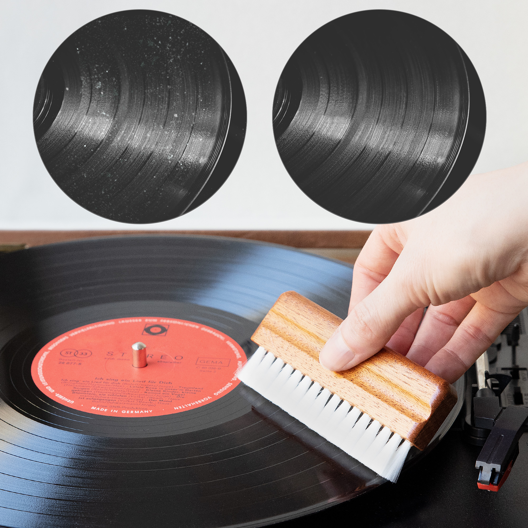 kwmobile Nylon Reinigungsbürste mit Holzgriff für Schallplatten - Schallplattenbürste für Vinyl - LP Plattenbürste - Plattenspieler Bürste 54147.01