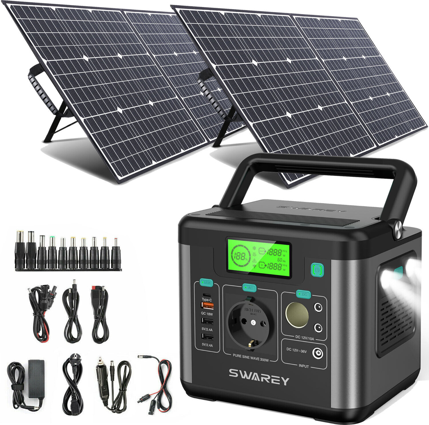 Prenosný generátor energie 300W(špičkový 600W) Napájacia Stanica Power Station 222Wh Solárny generátor s 2x 100W solárnymi panelmi Nabíjačka Powerbank