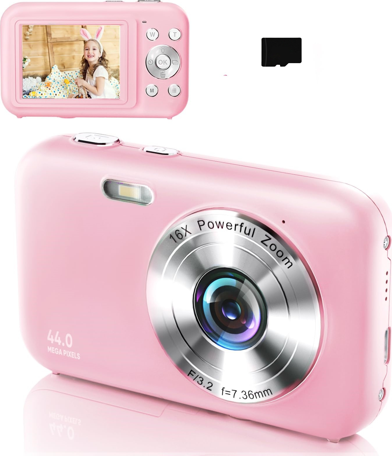 INF Digitálny fotoaparát 1080P 44MP 16x zoom 2,4-palcový displej, 32GB karta Ružová