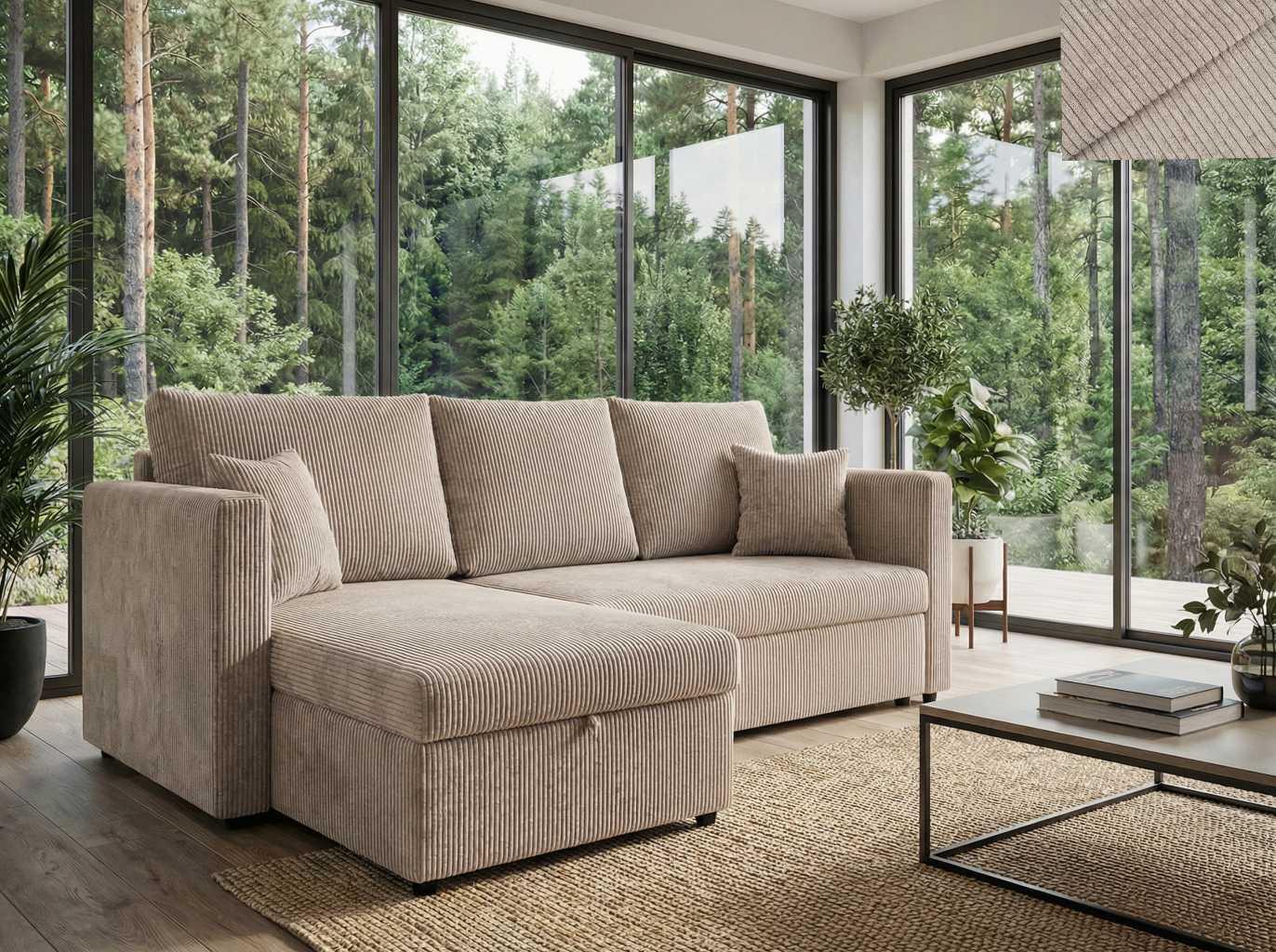 Ecksofa PISA Nordelo 146×220×90 cm universell L/R, ausziehbar, Schlaffunktion 140×200, Bettkasten, Stoff Apollo Cord 86 BEIGE ECKSF-PISA-APLL-CORD-86