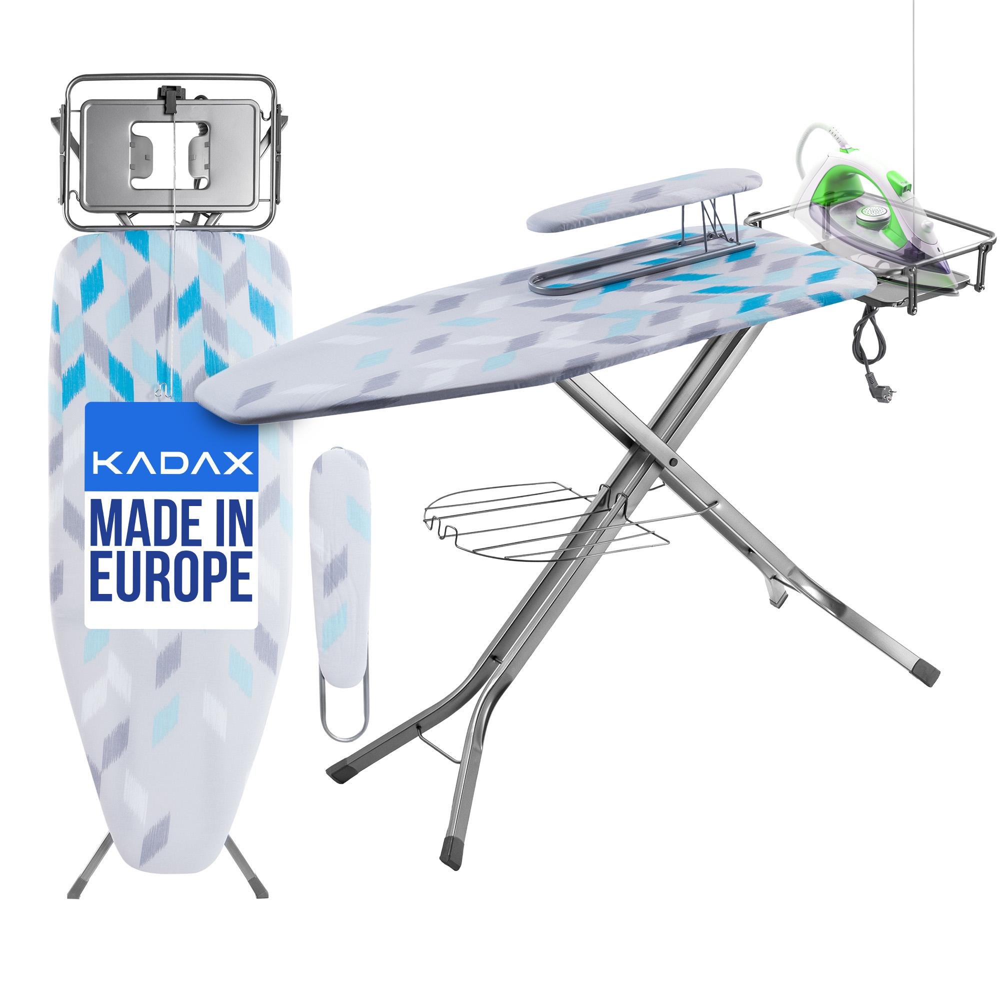 KADAX Bügelbrett mit Steckdose "Aleglo", Bügeleisenablage und Ärmelbügeltisch, 130cm, Blau K6568