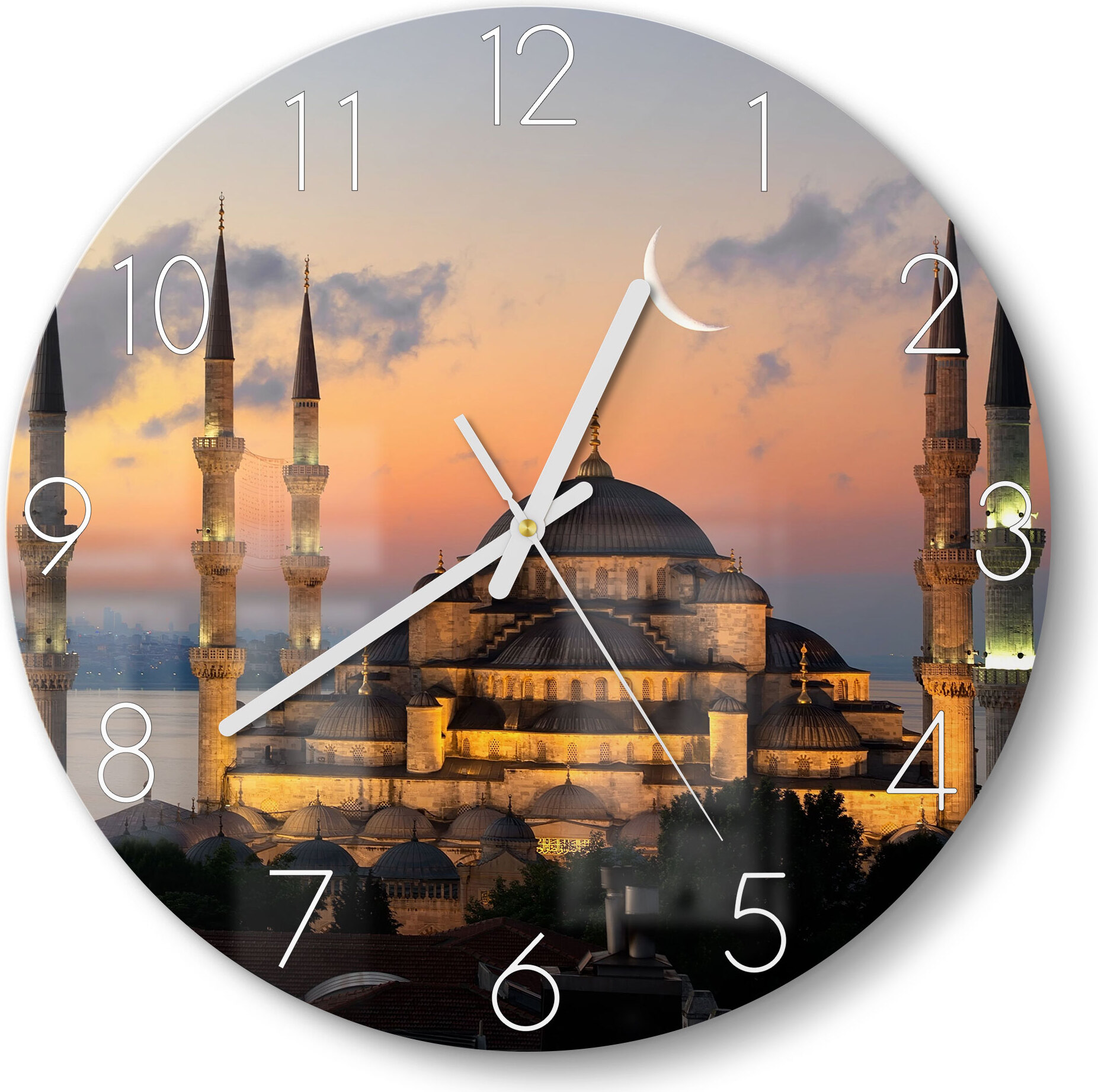 DEQORI Glasuhr Ø30 cm Zahlen 'Mondsichel über Moschee' Wanduhr Glas Uhr Design leise WC-D30-N-1719