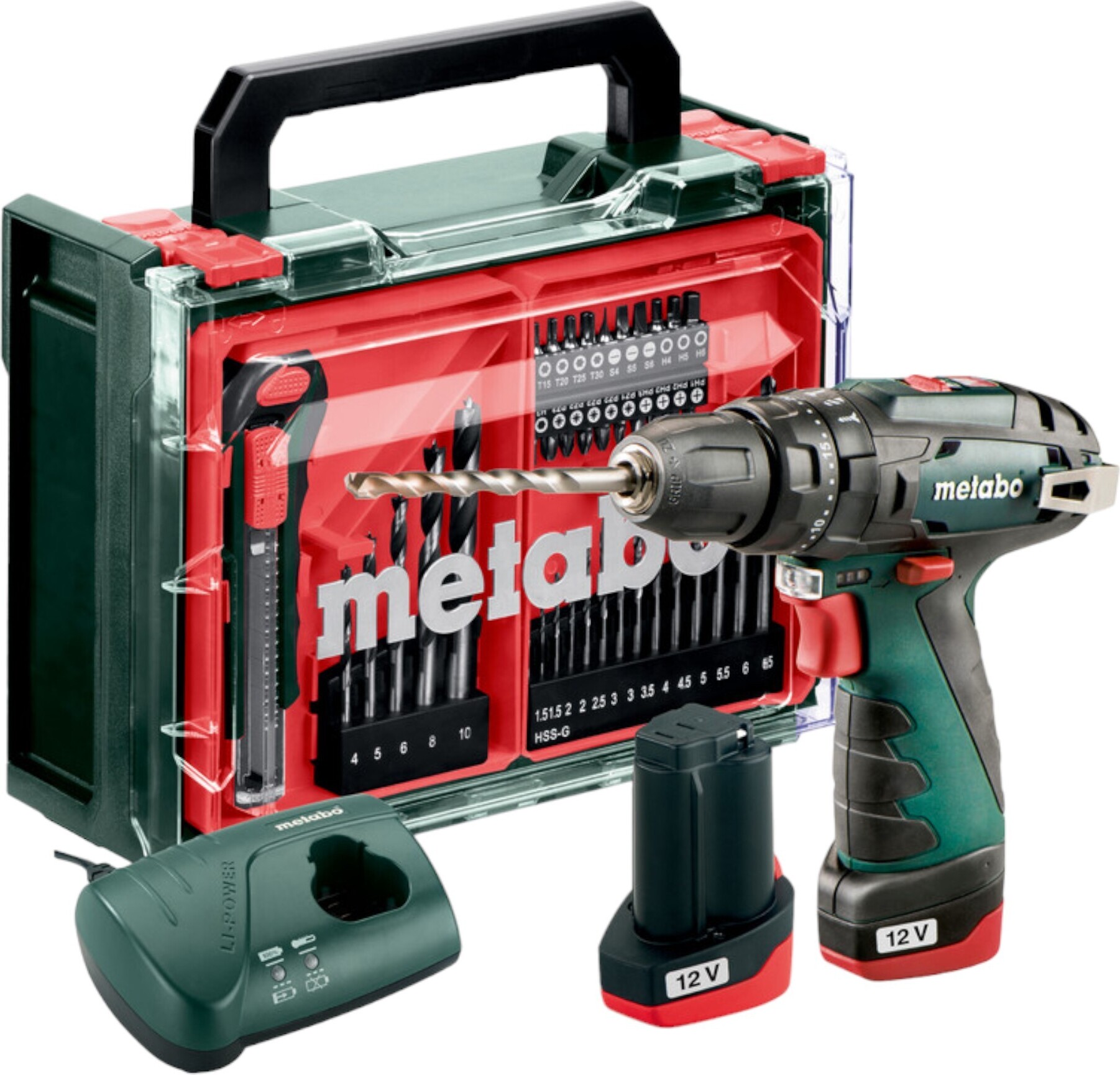 Akumulátorová príklepová vŕtačka Metabo PowerMaxx SB Basic Set 12 V 34 Nm ( 600385710 ) + 2x akumulátor 2,0 Ah + nabíjačka + 41-dielna sada príslušenstva + kufor