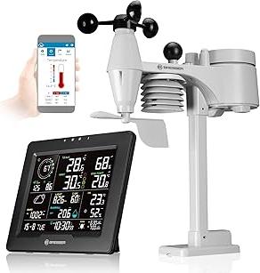 Bresser WLAN Wetterstation 8-in-1 mit Außensensor, WBGT-Hitzestress-Index, UV, Regen, Wind, Licht, WLAN, App-Steuerung, Raumklima, Wecker, Frostwarnung, schwarz
