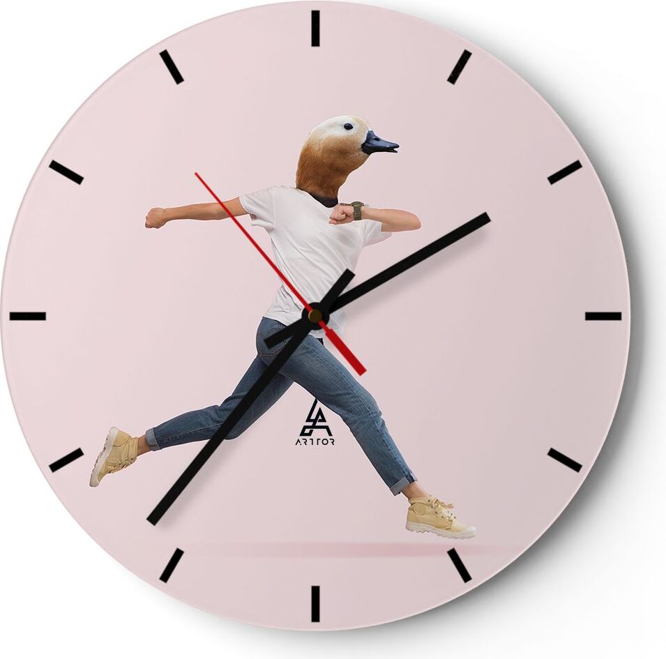 Arttor Wanduhr - Rund - Glasuhr - Anthropomorphisierung Mensch Ente - 30x30cm - Schleichendes Uhrwerk - Lautlos - zum Aufhängen bereit - Dekoration Modern - Wanddekoration aus Glas - C3AR30x30-4597