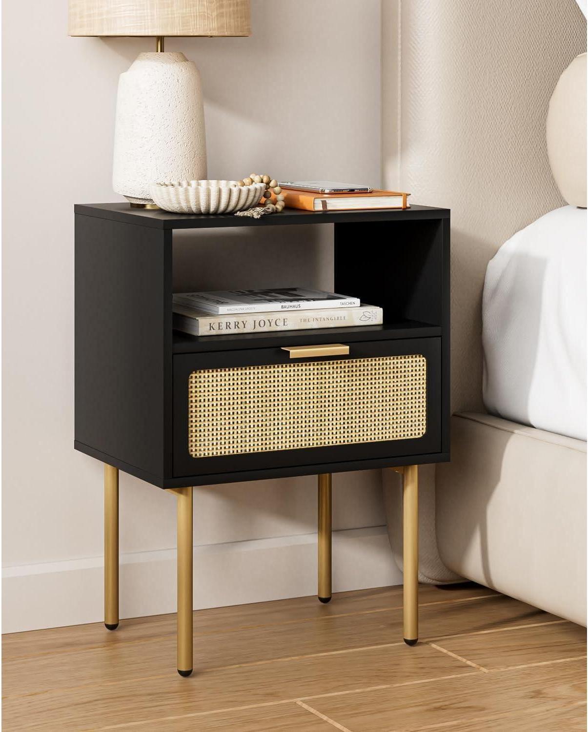 Sonstige HEYZOEY Rattan Nachttisch mit Schublade und goldenem Rahmen