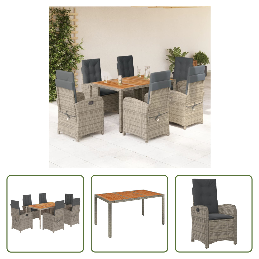 The Living Store 7-dielny záhradný jedálenský set s vankúšmi sivý polyratan