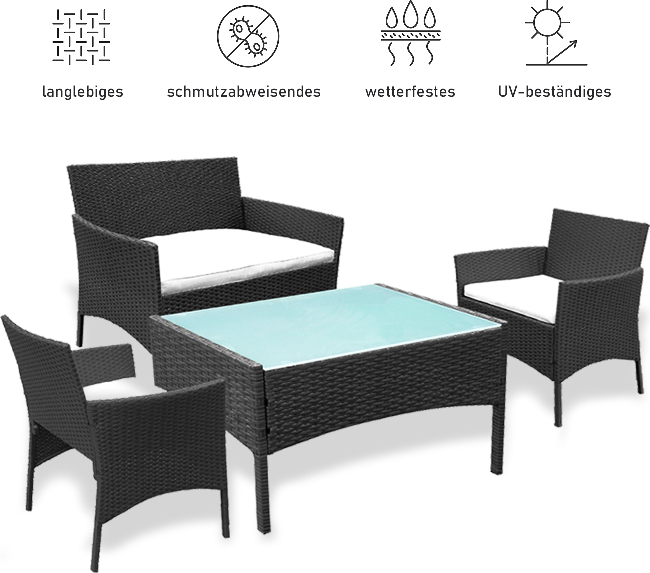 Záhradný nábytok Set Poly ratanový balkónový nábytok Sedacia súprava čierna Odolná obývacia súprava s 2-miestnou pohovkou, samostatnými stoličkami, stolom a vankúšmi na sedenie¡