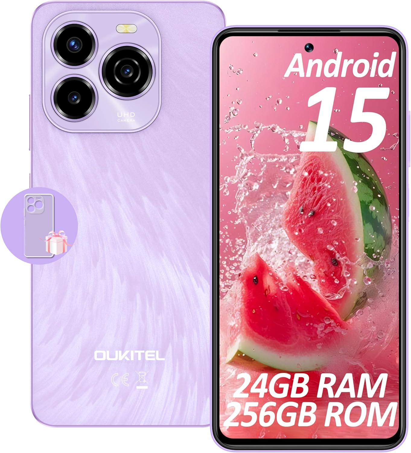 OUKITEL C65 Pro Android 15 Smartphone 24GB+256GB Handy 6.7 Zoll 90Hz, 5150mAh, Dual 4G Simlockfreie Handys/Gesicht+Fingerabdruck/GPS/OTG, Violett