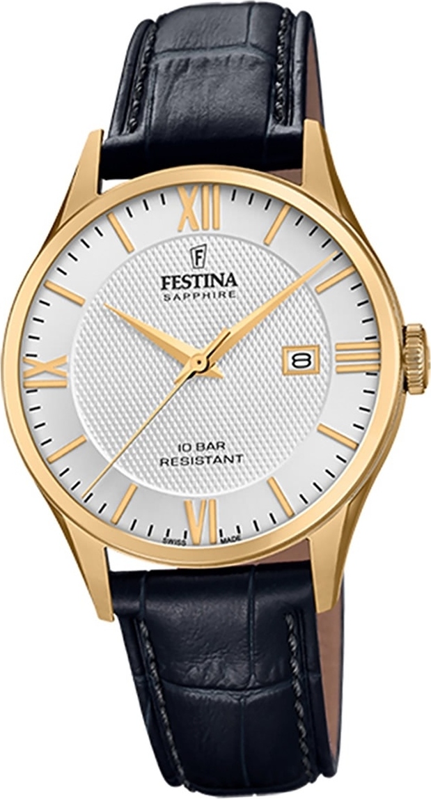 Pánske kožené hodinky Festina F20010/2 náramkové hodinky čierne Swiss Made D2UF20010/2