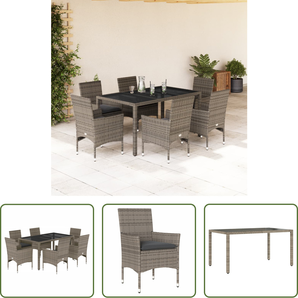 The Living Store 7-dielny záhradný jedálenský set s vankúšmi sivý polyratan a sklo