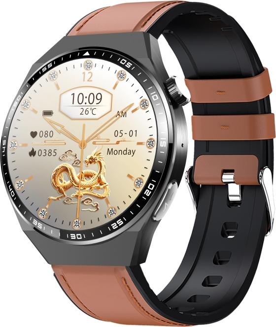 INF Smartwatch mit EKG, Körperzusammensetzungsanalyse, Blutzusammensetzungsanalyse (Harnsäure, Blutfette) Schwarzes und braunes Lederarmband 365793