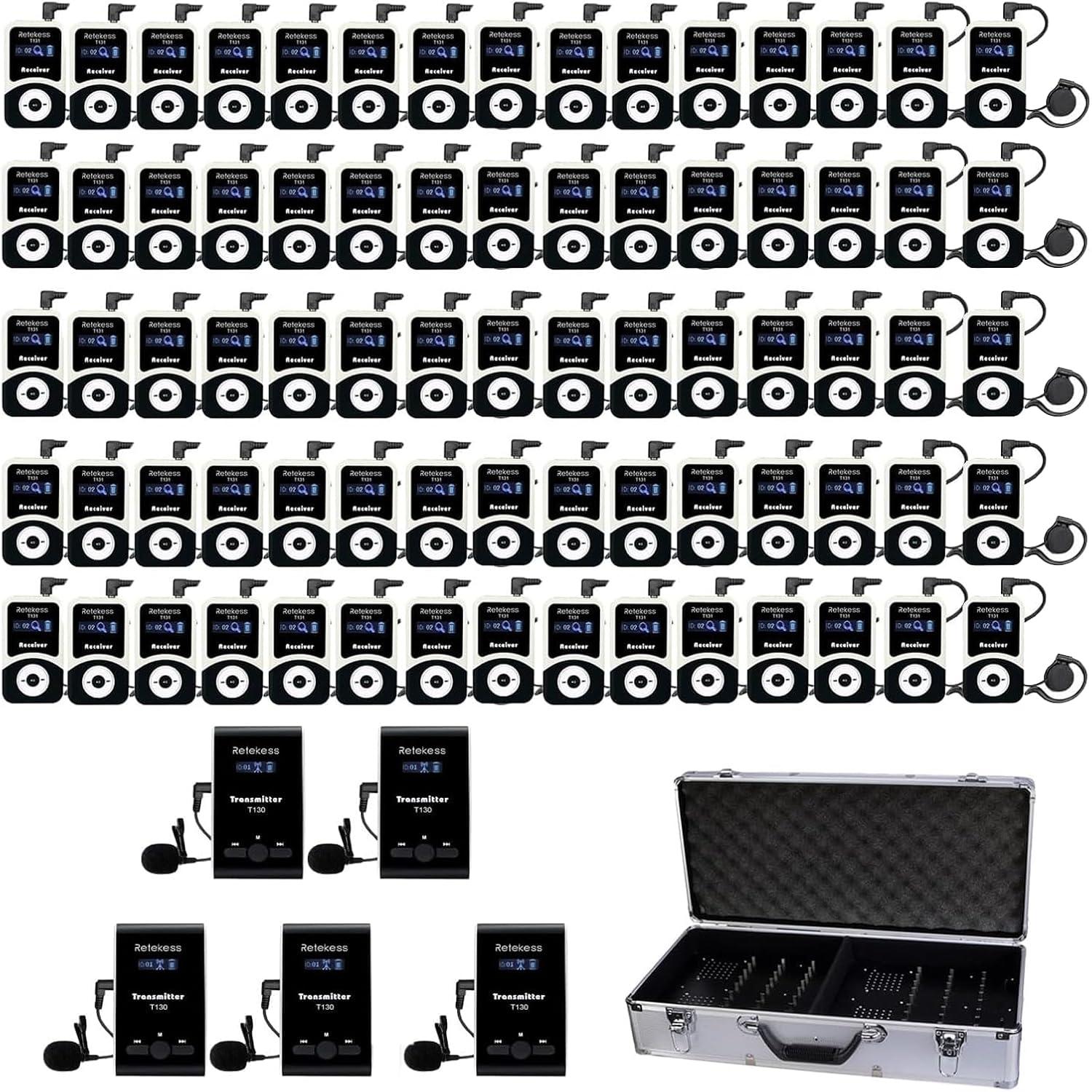 Retekess T130-T131 Tour Guide System, Audioguides, 99 Kanäle, mit Headset mit TT006 64 Slot Ladekoffer für Tourismus (5 Sender 80 Empfänger) EUF9423AX4-F9424AX60-F9423D