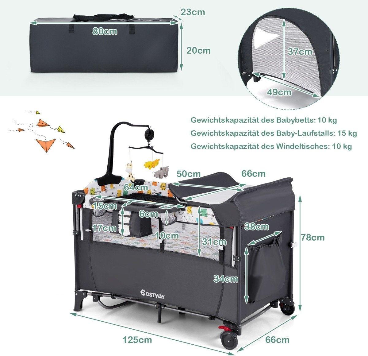 Northix Wandelbares 5-in-1-Babybett mit Wickeltisch & Aufbewahrungstasche Grau