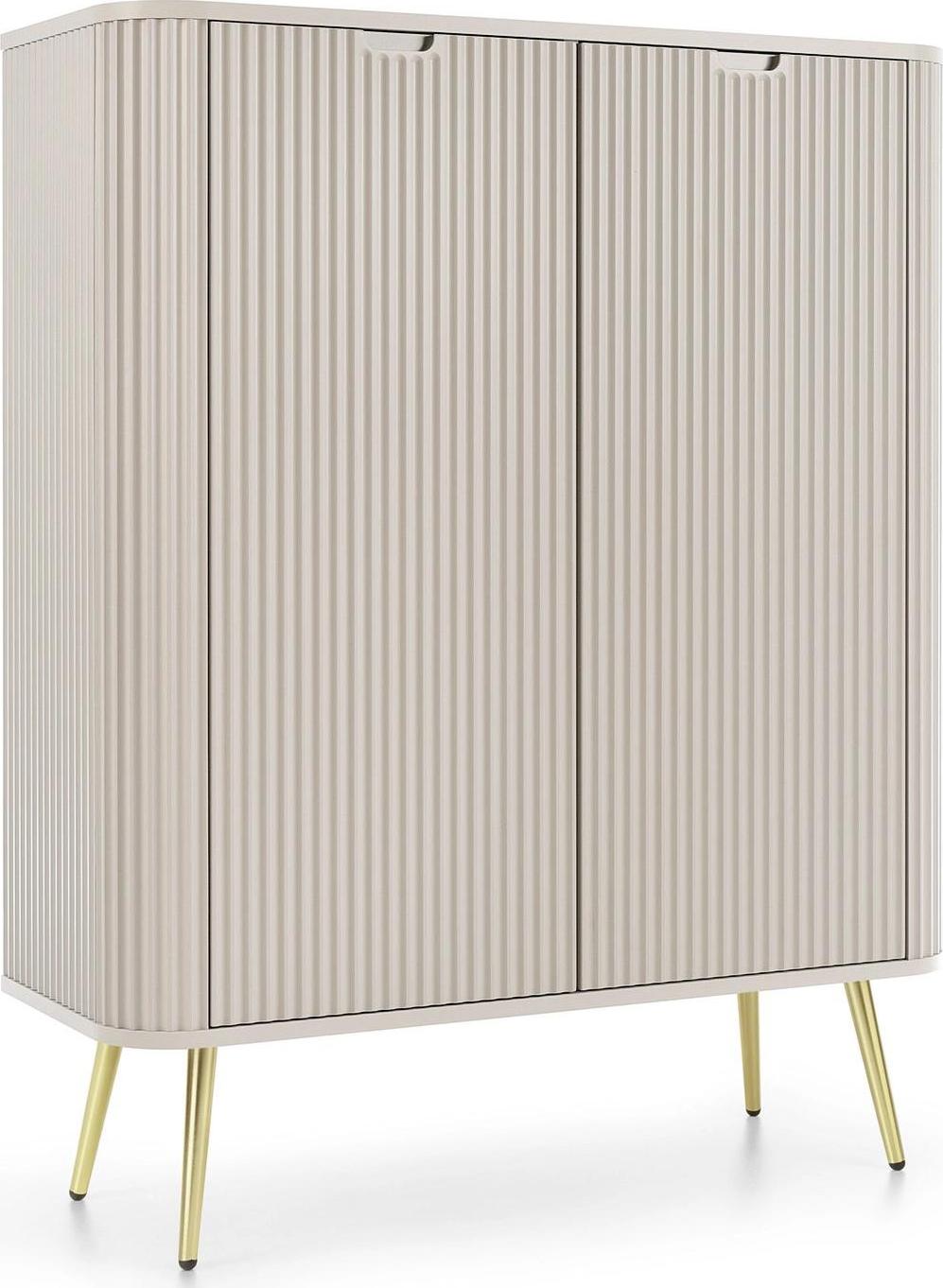 Ravio Hohe Kommode Porto 103 cm Cashmere Zweitürig mit Gerillten Fronten auf Goldenen Metallfüßen