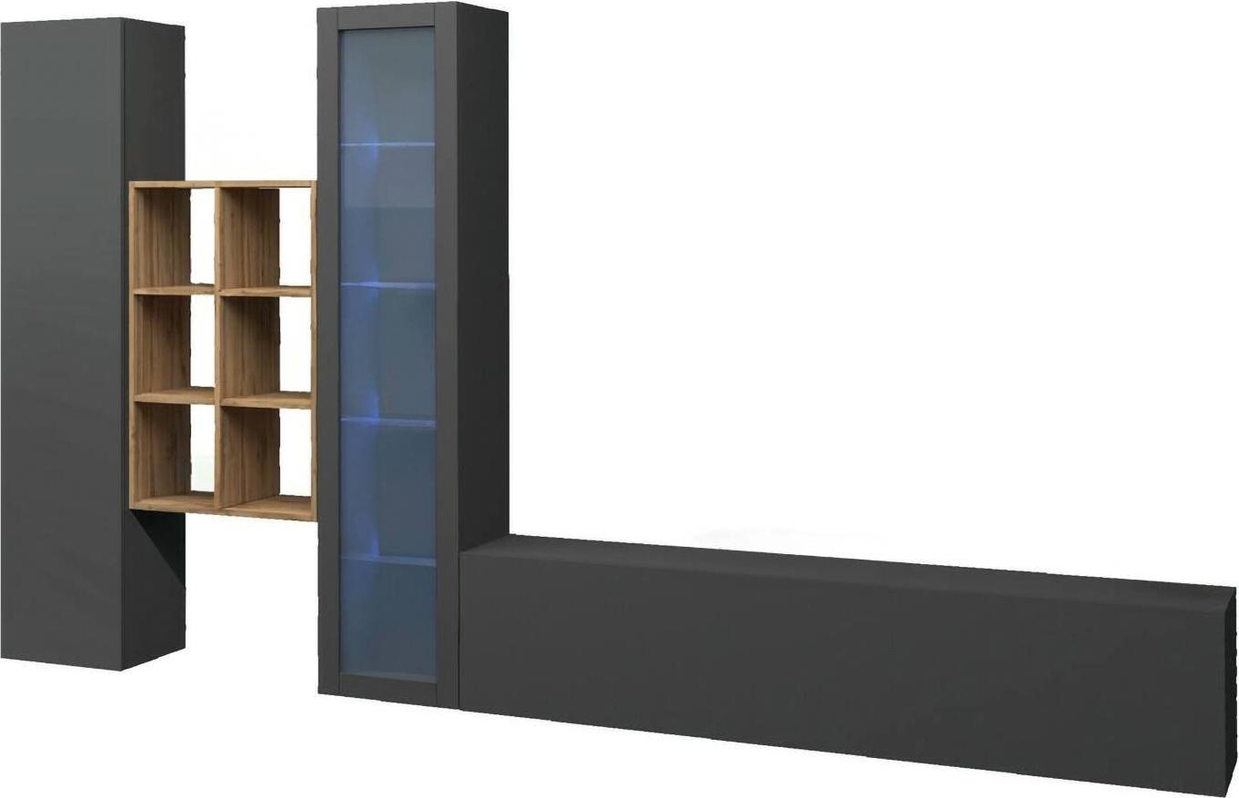 Dmora Wohnzimmermöbel Dcragn, Wohnzimmer-Set TV-Möbel mit 3 Türen, Mehrzweck-Wohnzimmermöbel mit Vitrine und LED-Beleuchtung, 100 % Italy, cm 320x30h180, Anthrazit