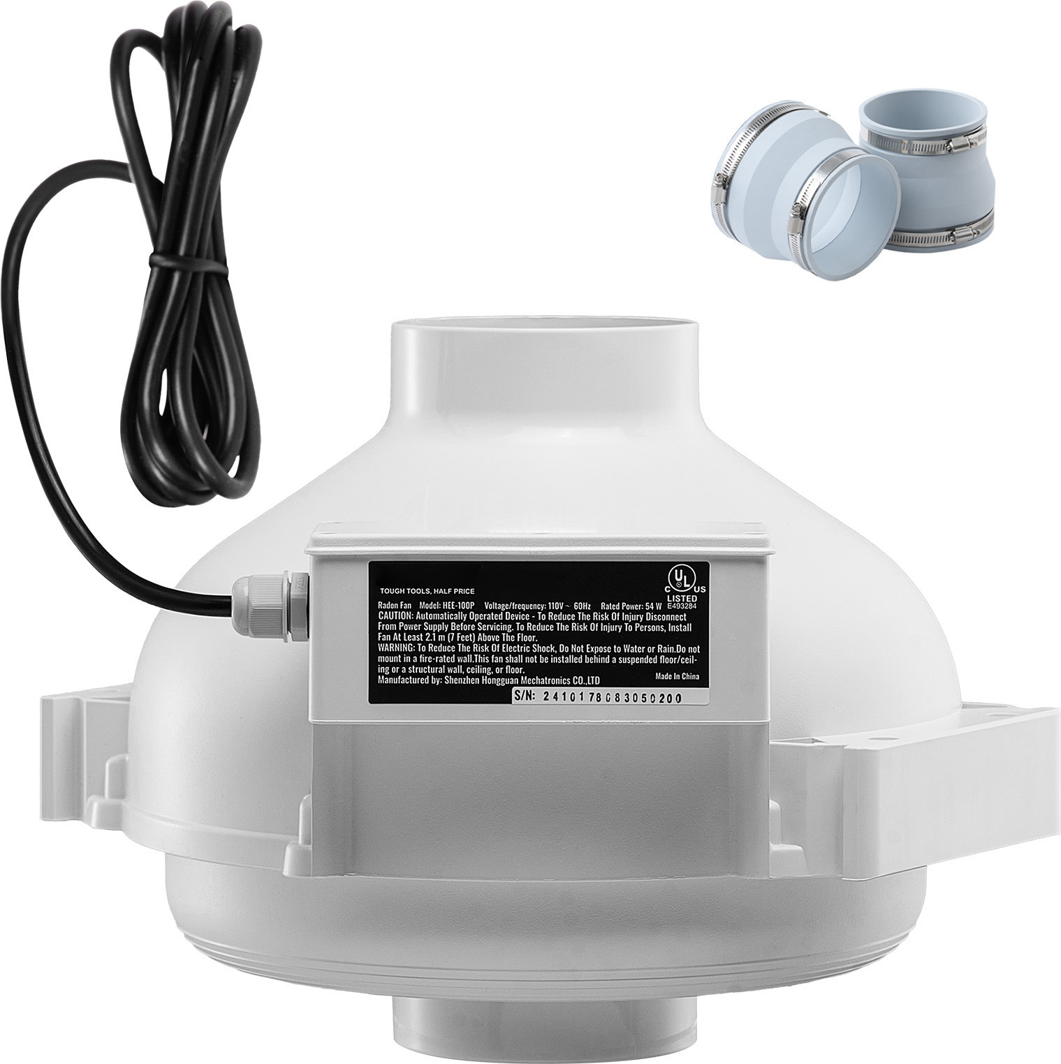 SucceBuy 4 bis 4,5 Zoll Radonminderungs-Lüftersystem, 190 CFM Quiet Kit mit 2 Kupplungen HEE-100P