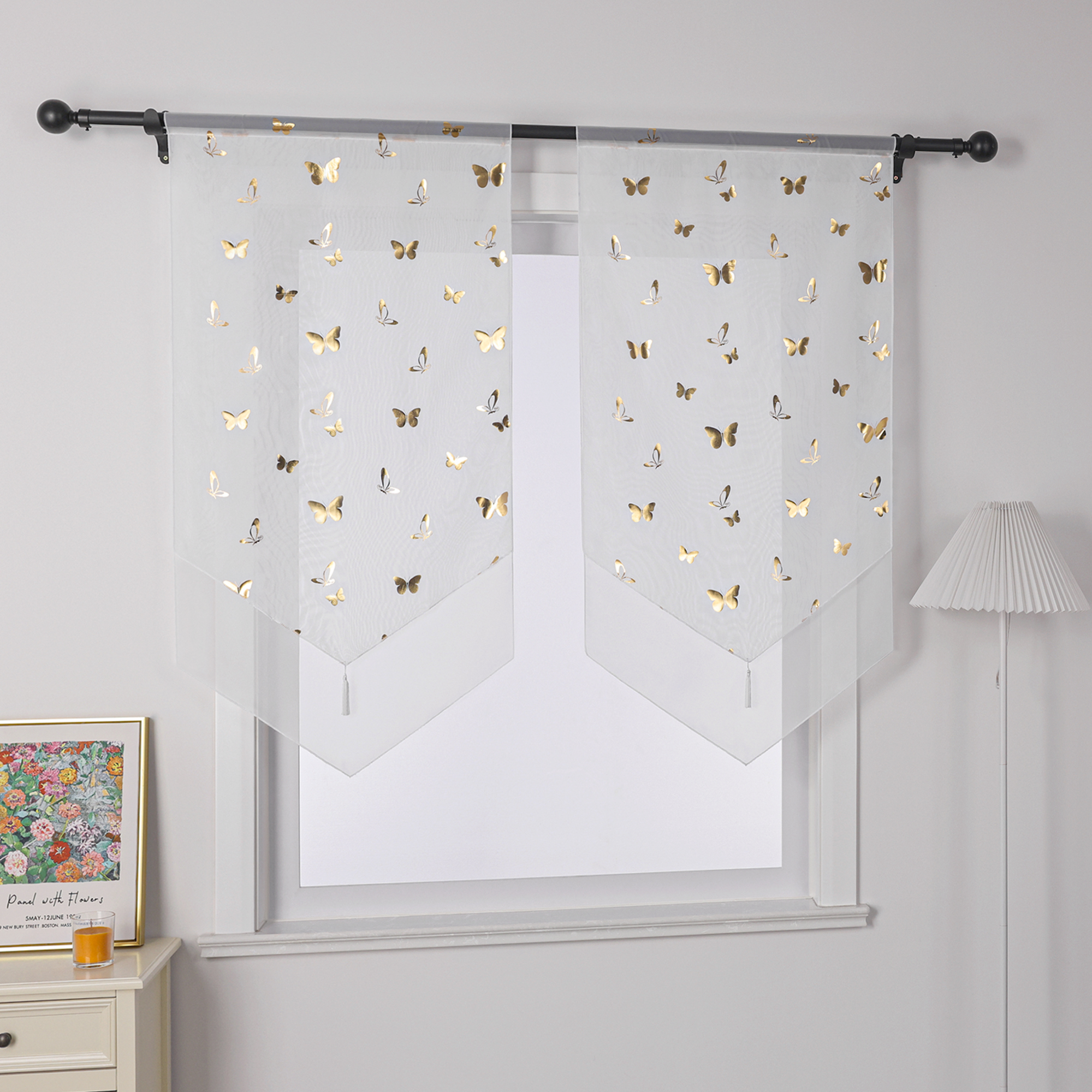 Yujiao Mao Stickblumen-Gardine Aus Voile, 90x30 Cm Weiß – Halbtransparente Küchengardine Mit Lochleiste