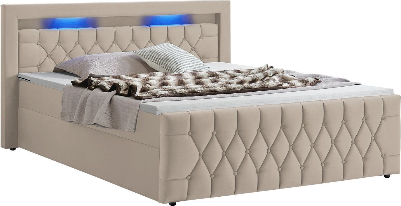 Juskys Boxspringbett Leona Samt 140x200 cm in Beige – mit LEDs, Topper & Federkern-Matratzen 29221
