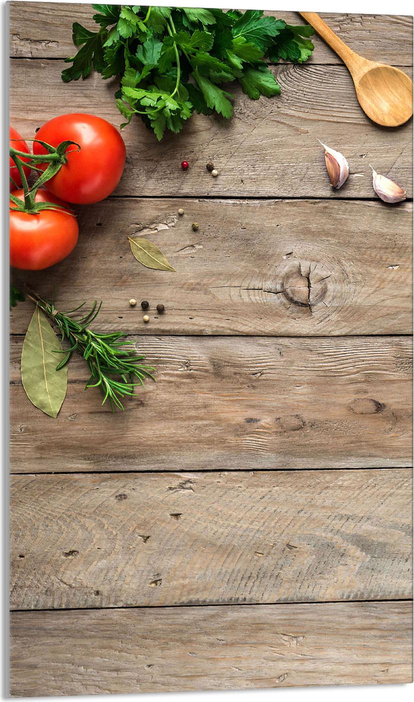 TMK ArtDeko Herdabdeckplatte 30x52 Glaskeramikfeld Abdeckung Spritzschutz Glasplatte Deko Schneidebrett, Holz Tomaten