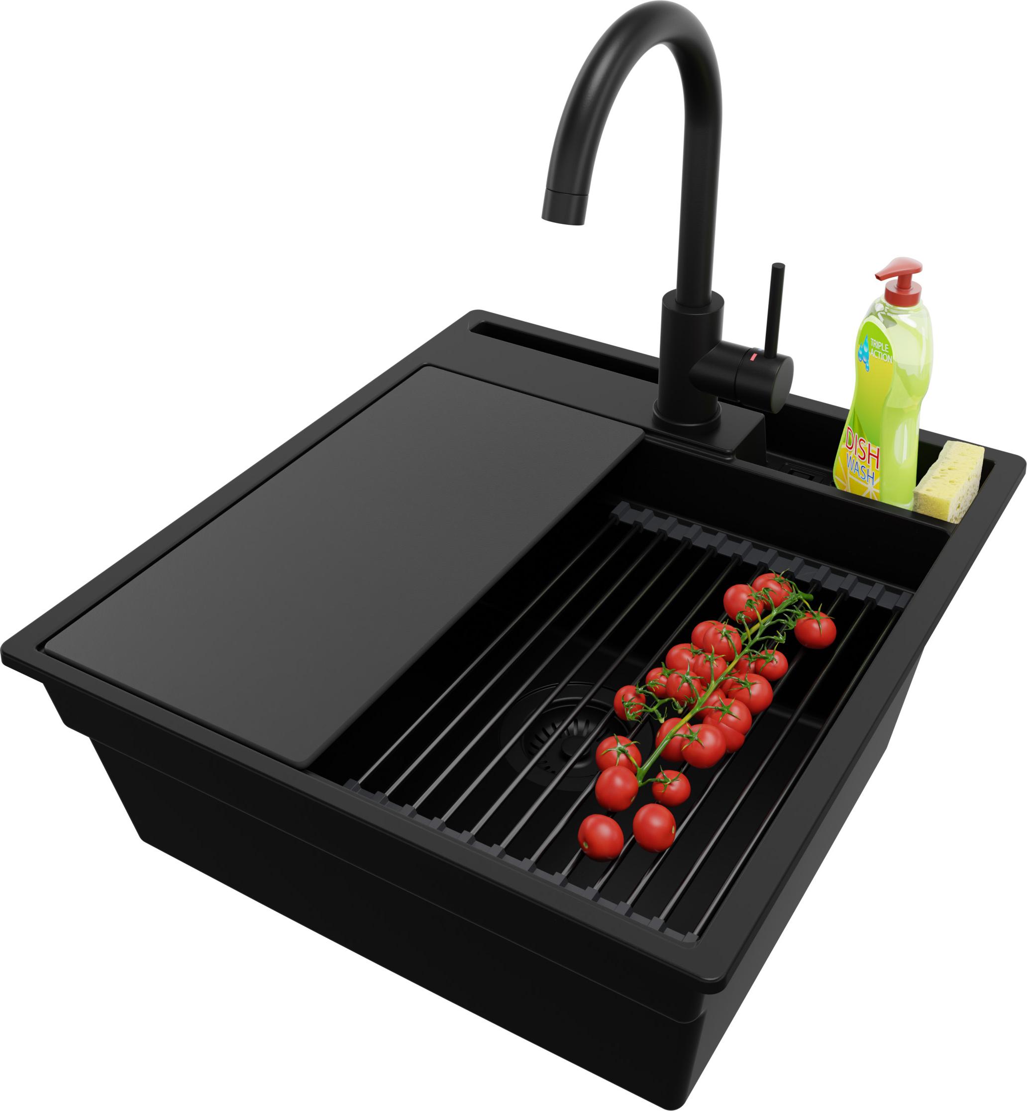 PRIMAGRAN Granitspüle Alles Schwarz 48x53cm, Spülbecken 1 Becken + Ablauf-Set + Küchenzubehörset, Küchenspüle ab 50er Unterschrank - Oslo Pocket