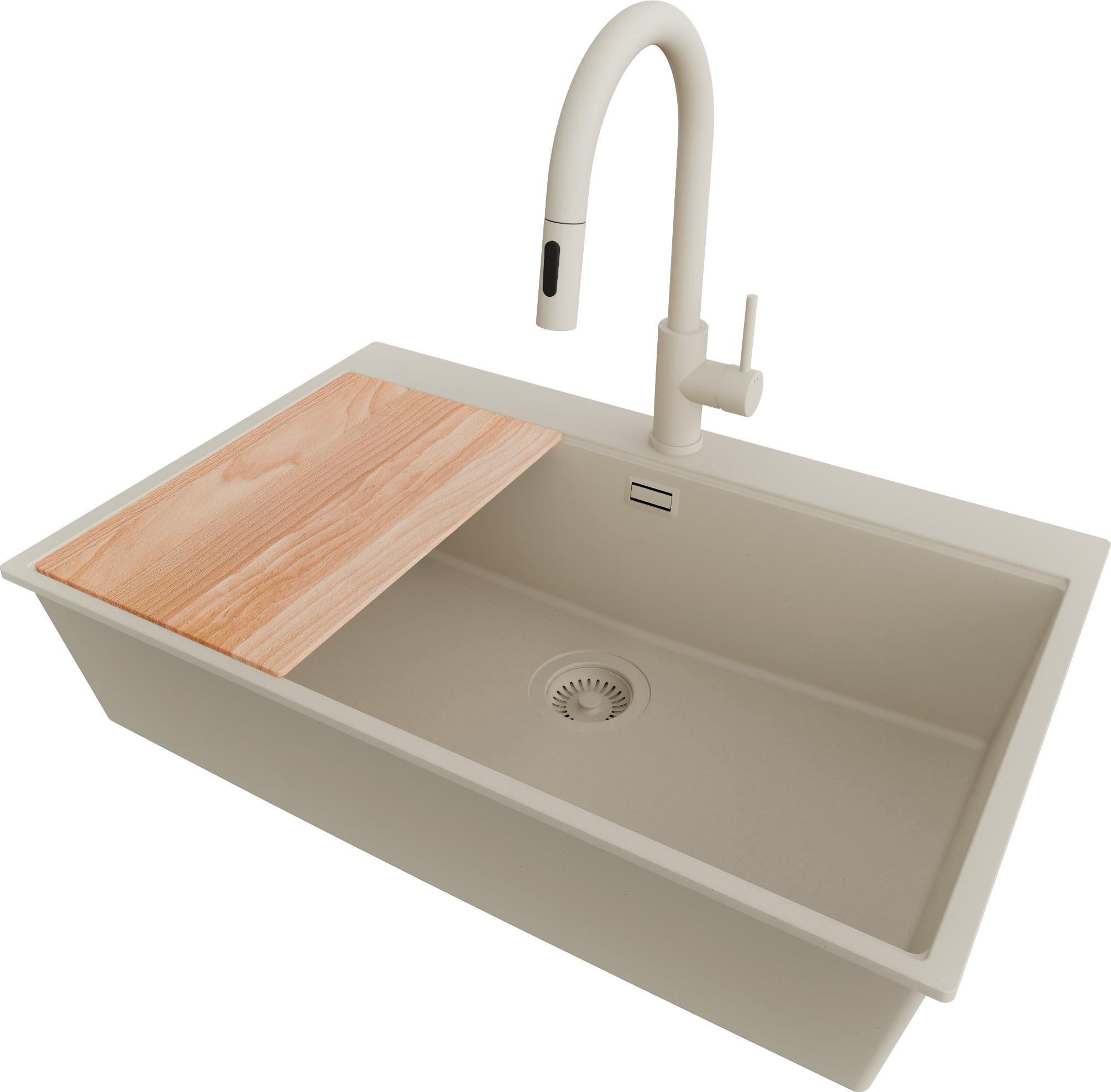 PRIMAGRAN Granitspüle Beige 78x50cm, Spülbecken 1 Becken + Küchenarmatur 40x20cm + Ablauf-Set + Schneidebrett, Küchenspüle ab 80er Unterschrank - Oslo
