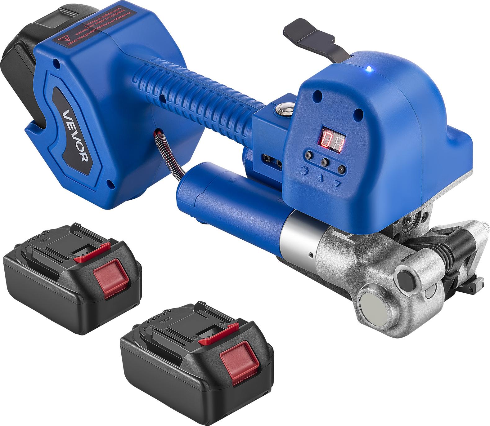 VEVOR Umreifungsgerät, 2 x 4000 mAh Akku, Umreifungsmaschine mit Digitalanzeige für 10–19 mm breite PET-Bänder, Bandverpackungsmaschine für ideal für Fabriken, Lagerhallen, & Logistikzentren CL-D19B