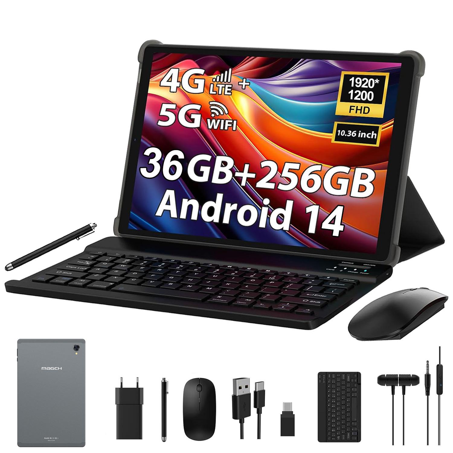 Tablet 10.36 Zoll mit Tastatur und Maus MAGCH, 36GB+256GB(1TB TF), Octa-Core, Android 14.0, 1920*1200, 4G LTE/SIM/5G WIFI, 8000mAh, 13MP+8MP, Grau X608
