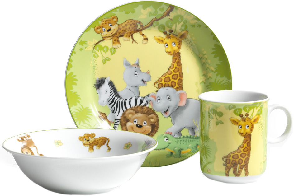 2er Safari Kinder Geschirrset Frühstücksset Porzellan Teller Schale Tasse 