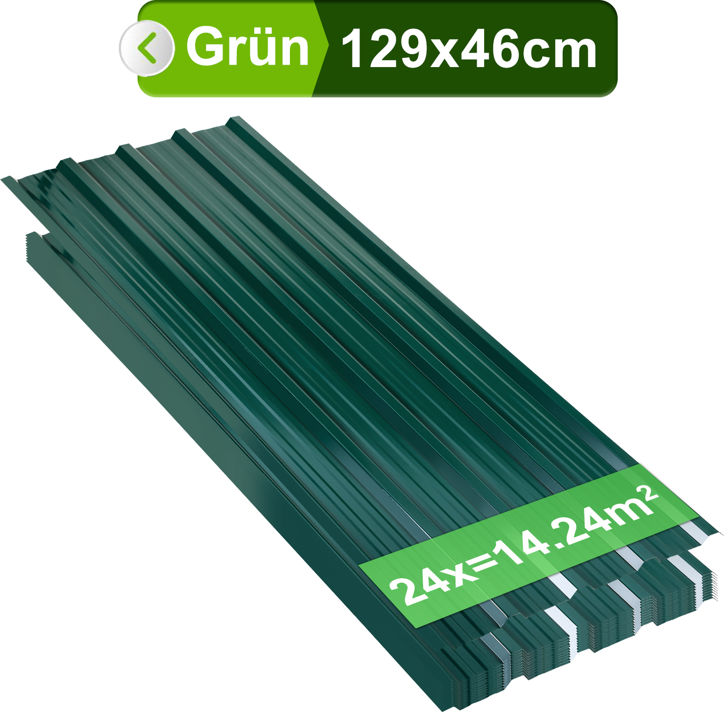 TolleTour trapézový profilovaný plech 129x46cm profilovaný plech zelený 12/24/36 sada plechov pre prístrešok na auto - 24x = 14m²