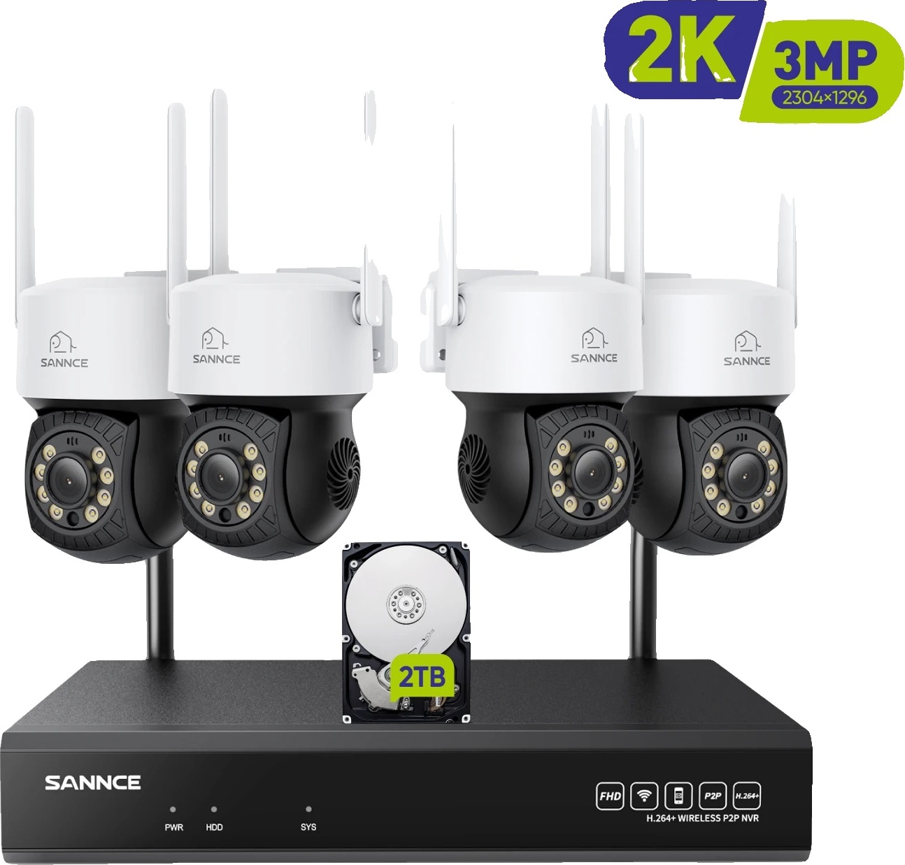 SANNCE Bezdrôtový bezpečnostný kamerový systém, rozlíšenie videa 3MP, kapacita úložiska 2TB, 4 ks kamier, 2T