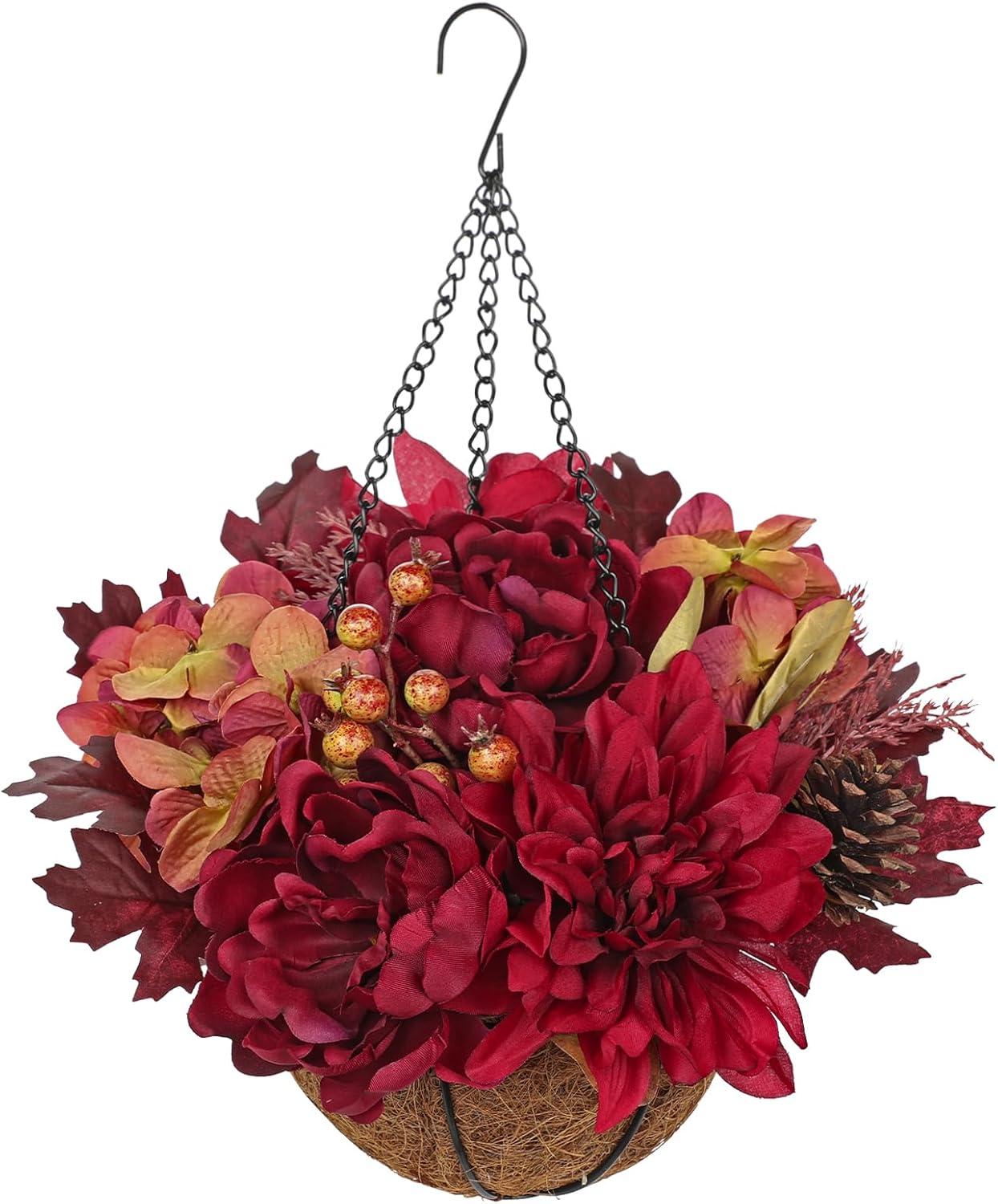 Nikcorp Hängende Herbstdekoration Blumentopf mit Blumen, realistisch, rot