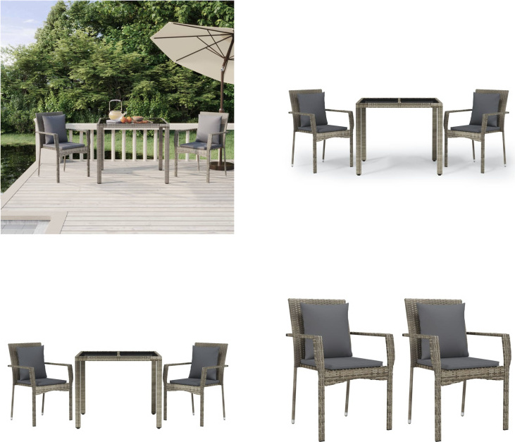 vidaXL 3 ks záhradný jedálenský set s vankúšmi sivý polyratan - Záhradný jedálenský set - Záhradné jedálenské sety - Jedálenský set - Jedálenský set terasa