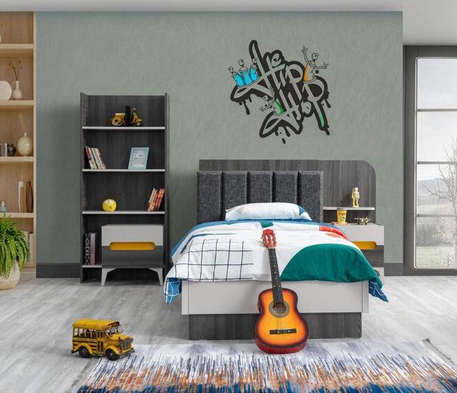 Kinderzimmer Kinderbett Bett Nachttisch Buecherregal Holz Möbel Grau Set