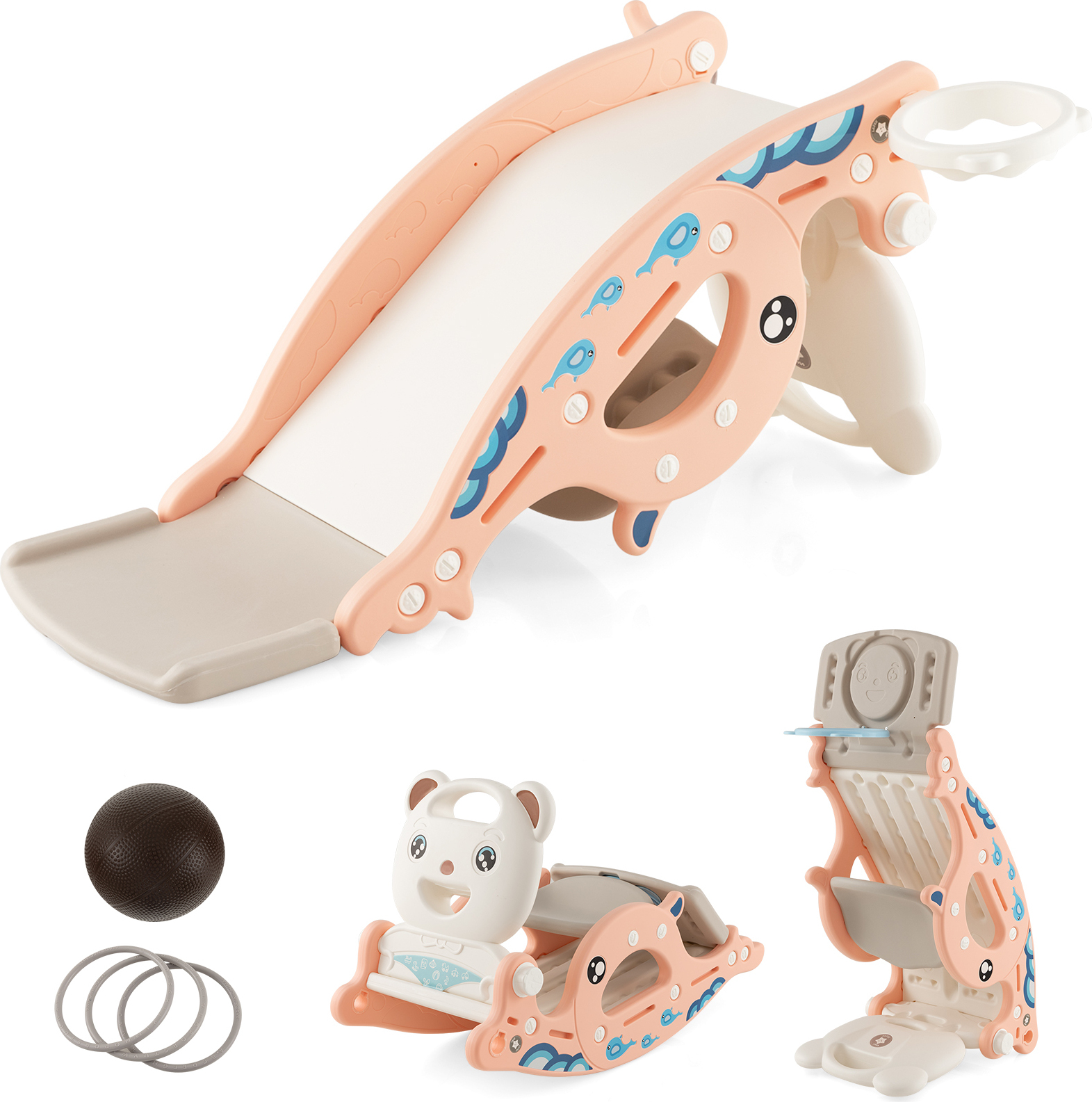 Toboggan 4 en 1 COSTWAY avec Panier de Basket, Jeu de Lancer d'Anneaux