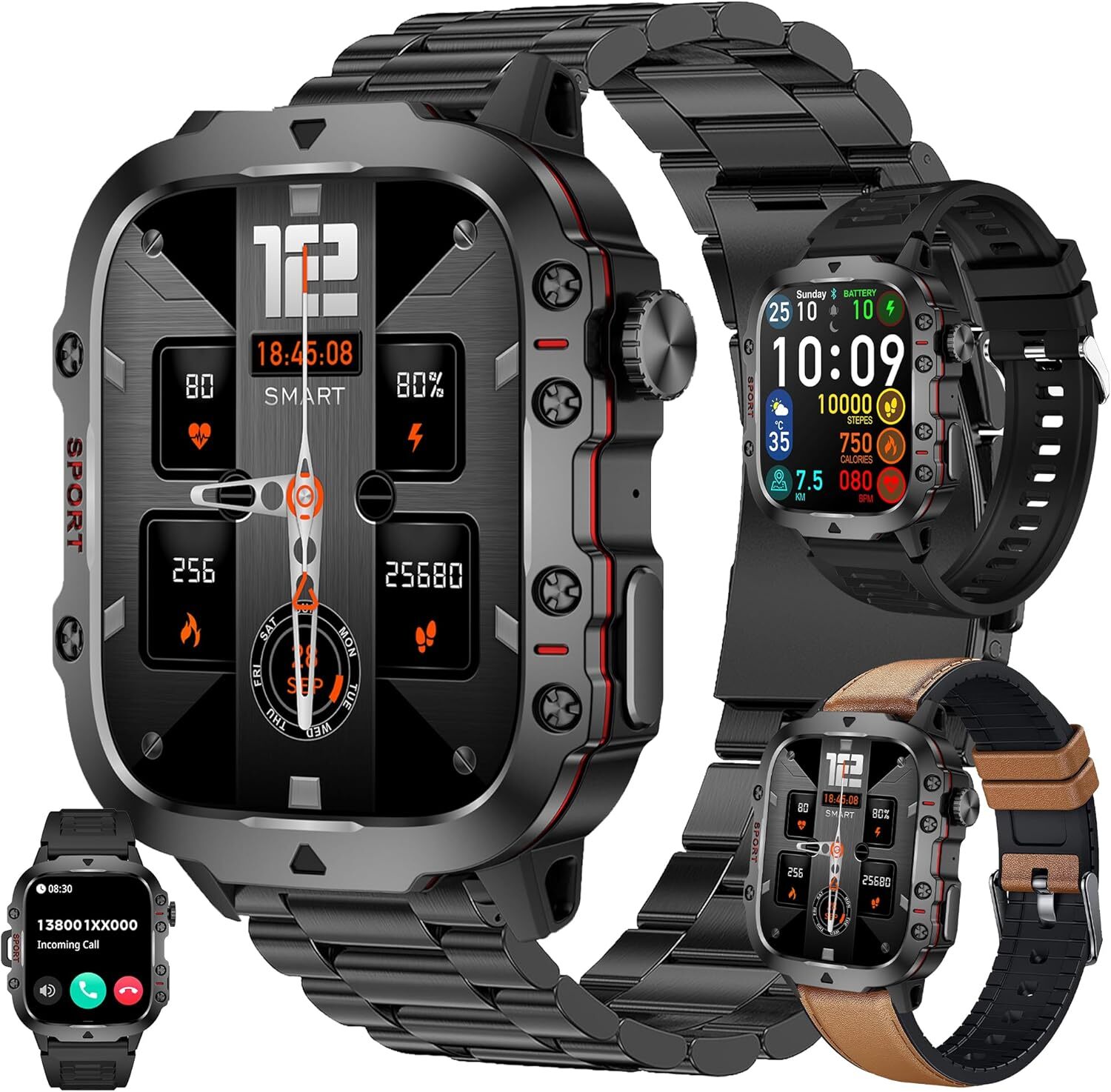 ZPIMY Herren-Smartwatch mit Telefonfunktion, AMOLED 5ATM wasserdichte Fitnessuhr mit Schrittzähler, Herzfrequenz, SpO2, Schlafmonitor, 123 Sportmodi