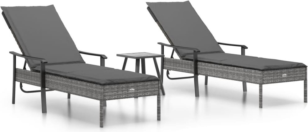 Sonnenliegen 2 Stk. mit Tisch und Auflagen Grau Poly Rattan