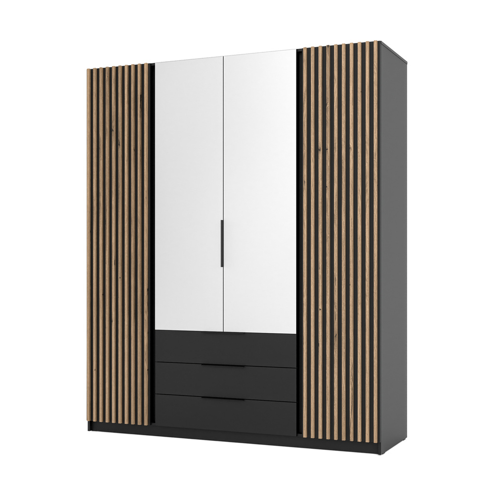 VENETI Geräumiger Kleiderschrank 200 VERU mit Spiegeln – schwarz / Eiche evoziert / schwarz 041-08-01839