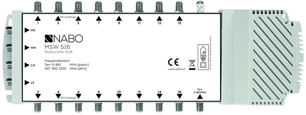 NABO MSW516, 5 Eingänge, 16 Ausgänge, 950 - 2200 MHz, 5 - 862 MHz, 6 - 10 dB, 355 mm