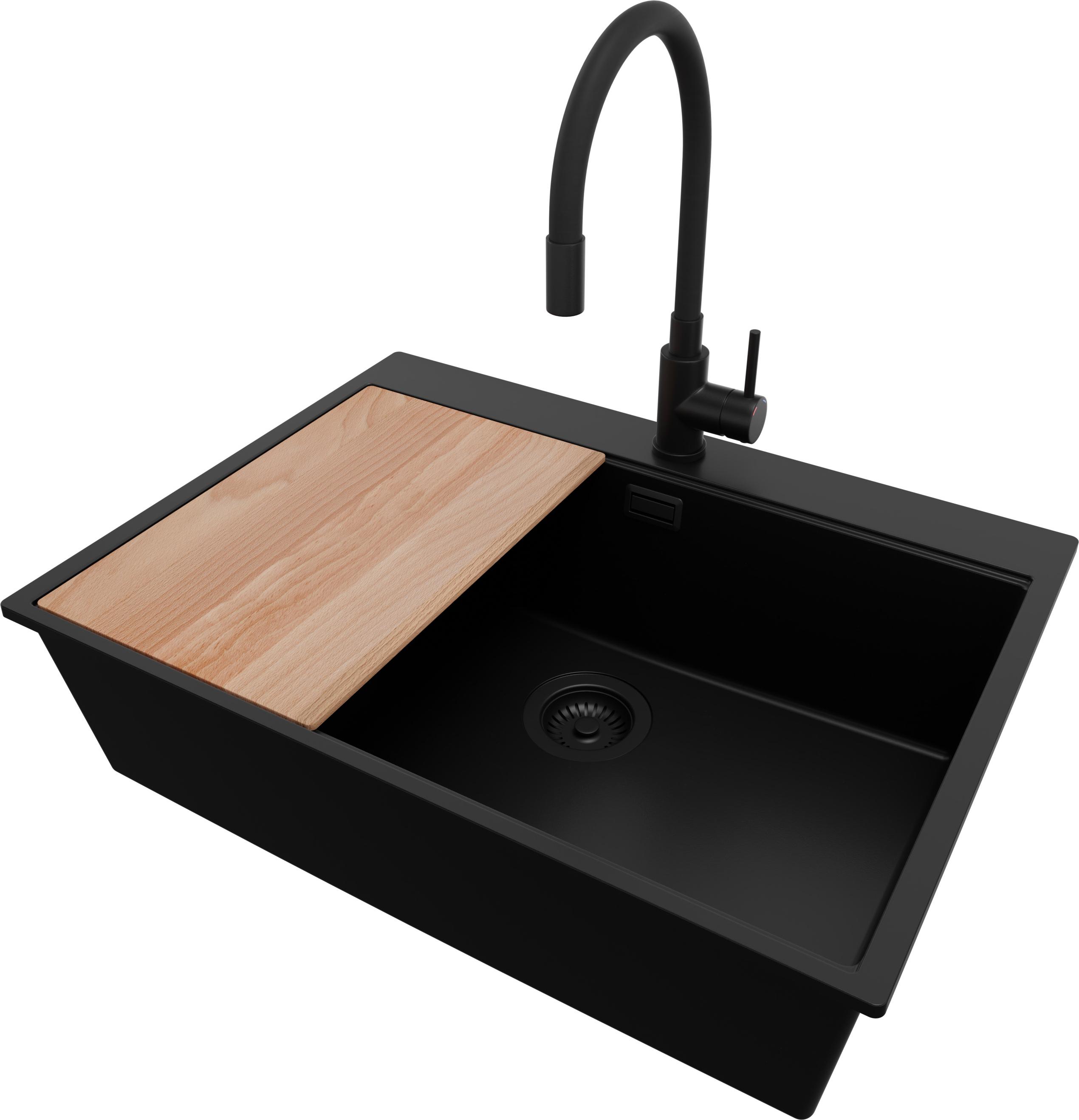 PRIMAGRAN Granitspüle Alles Schwarz 68x50cm, Spülbecken 1 Becken + Küchenarmatur 40x38cm + Ablauf-Set + Schneidebrett, Küchenspüle ab 70er Unterschrank - Oslo
