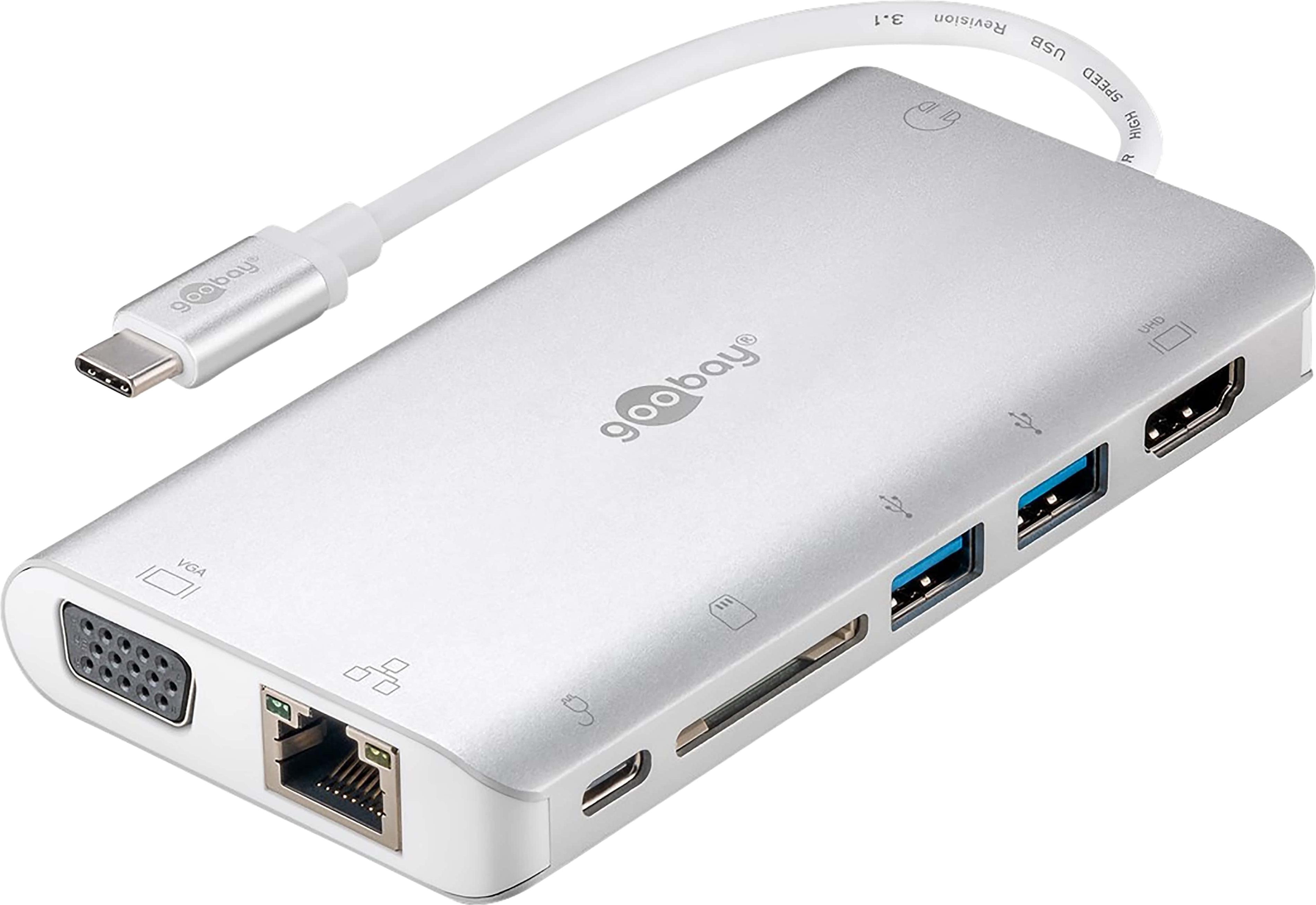 Goobay USB-C™ Premium-Multiport-Adapter erweitert einen USB-C™-Port auf 1x HDMI™, 2x USB-A, 1x SD-Kartenslot, 1x microSD-Kartenslot, 1x USB-C™, 1x RJ45, 1x VGA, 1x 3,5-mm-Klinkenbuchse 49850