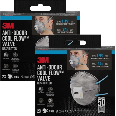 2 x 2er-Pack 3M™ Cool Flow™ Partikelmaske 9922 FFP2 Geruchshemmend mit Ventil