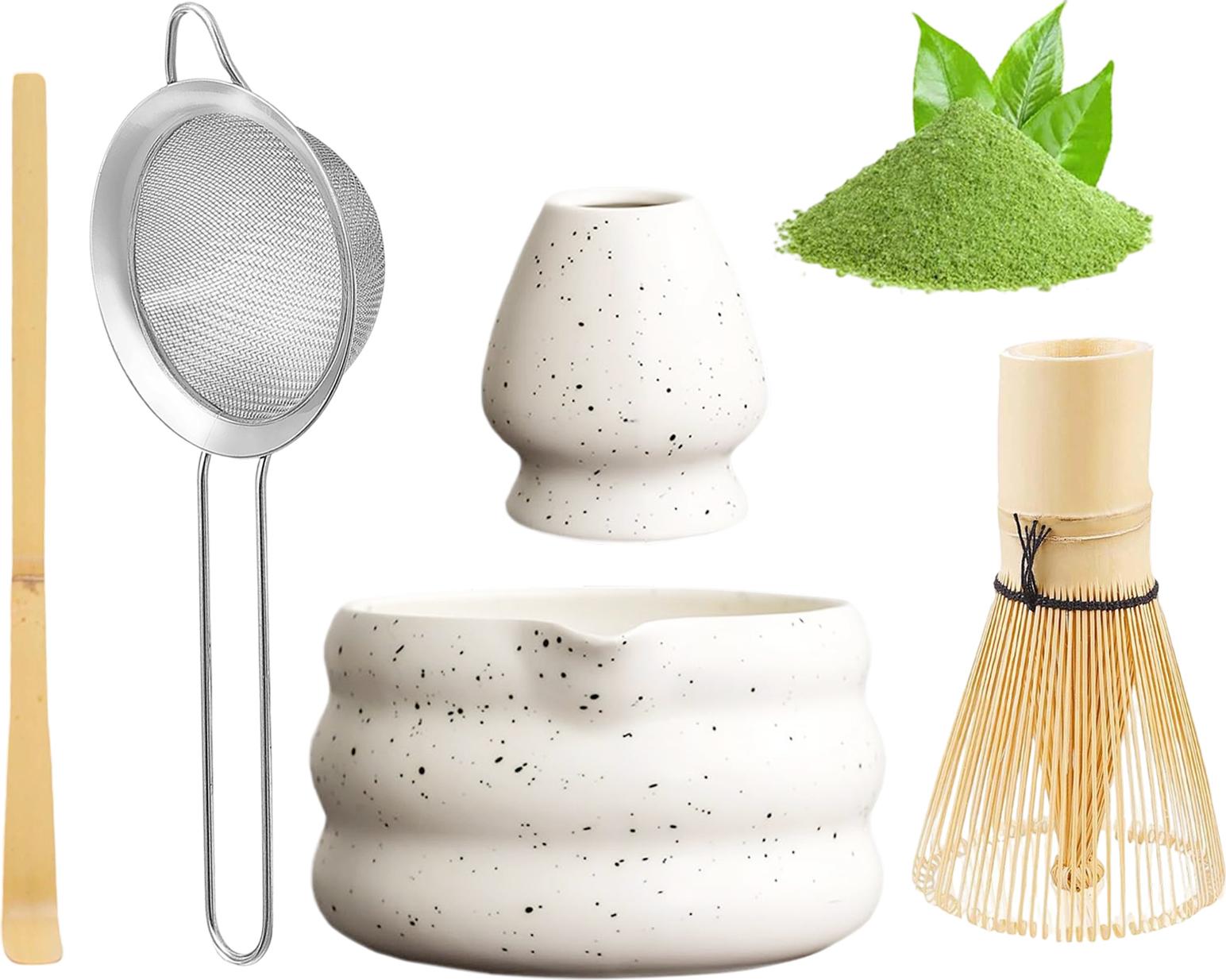 Meoiruery 5 Stück Premium Matcha Set mit Pulver Matcha Schüssel, Bambusbesen und Matcha Löffel Filter Löffel Matcha Set - Traditionelles japanisches Tee Trail Full Matcha Teegerät, weiß KAU-ER-LYS-PH-20251023-167