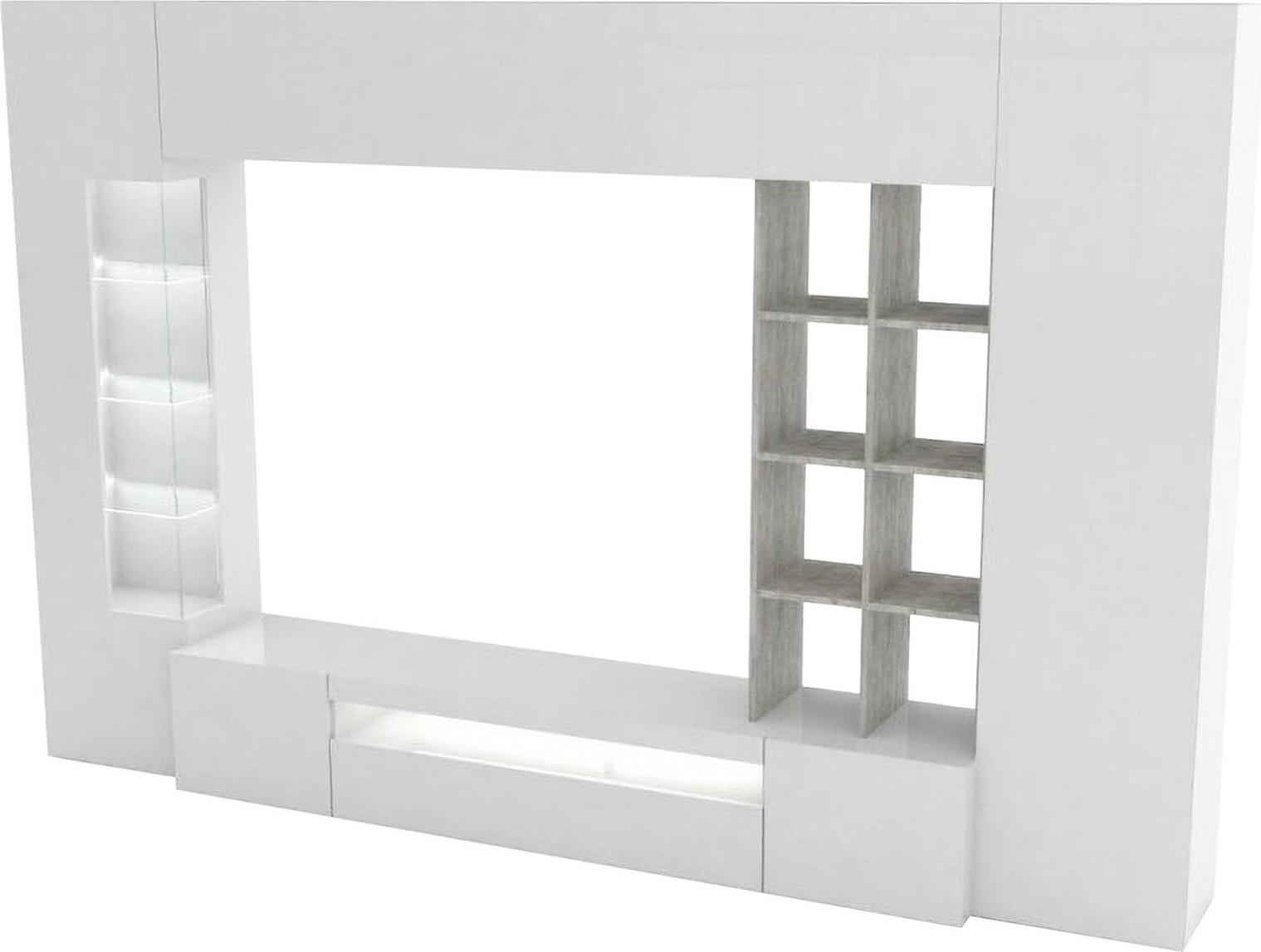 Dmora Wohnzimmermöbel Dfazz, TV-Ständer Wohnzimmer-Set, Mehrzweck-Wohnzimmermöbel, 100% Italy, cm 290x40h192, glänzend weiß und Zement