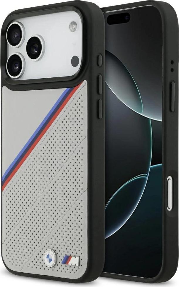 Hülle Case iPhone 17 Pro Max BMW MagSafe Kunstleder grau Tricolor Logo Metall BMHMP17X25PCSPEG