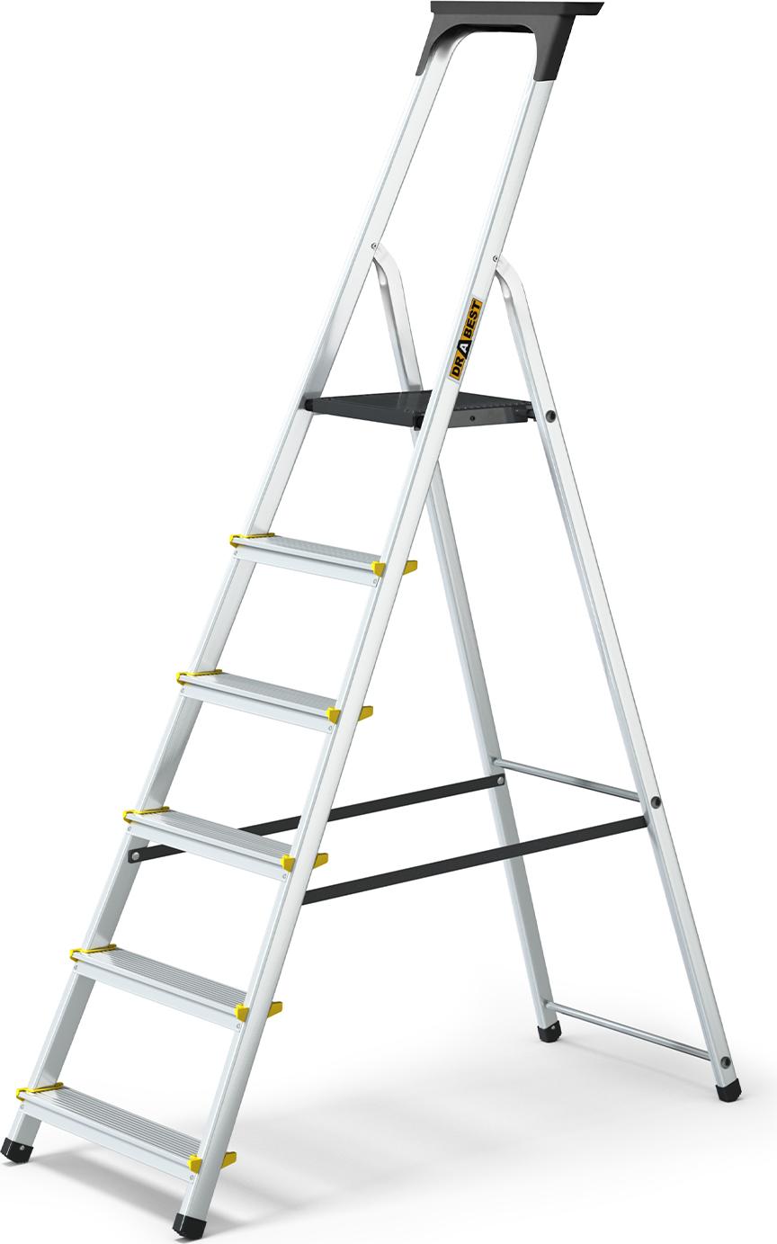 DRABEST | Leiter - Mehrzweckleiter - Aluminiumleiter - PRO 6-stufige - mit Regal - bis zu 150 kg DR-AL-D6-C-+CZ+P