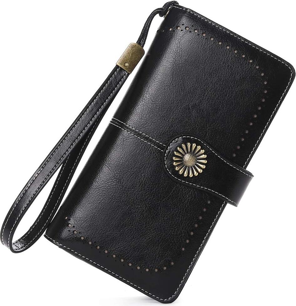 Alamro Damen Leder große Geldbörse, Frauen Leder Geldbeutel Lang Portemonnaie Geldtasche mit 24 Kartenfächer und RFID-Schutz (Schwarz)
