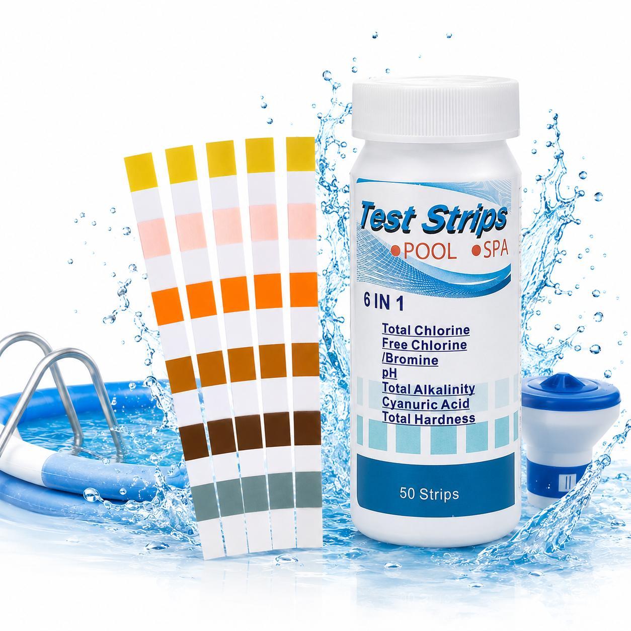 TD Stones Pool Wassertester 6in1 Teststreifen für pH, Chlor, Brom, Alkalinität, Härte und Cyanursäure, 50 Stück für Pool, Spa und Whirlpool AKC-BAS-TEST1