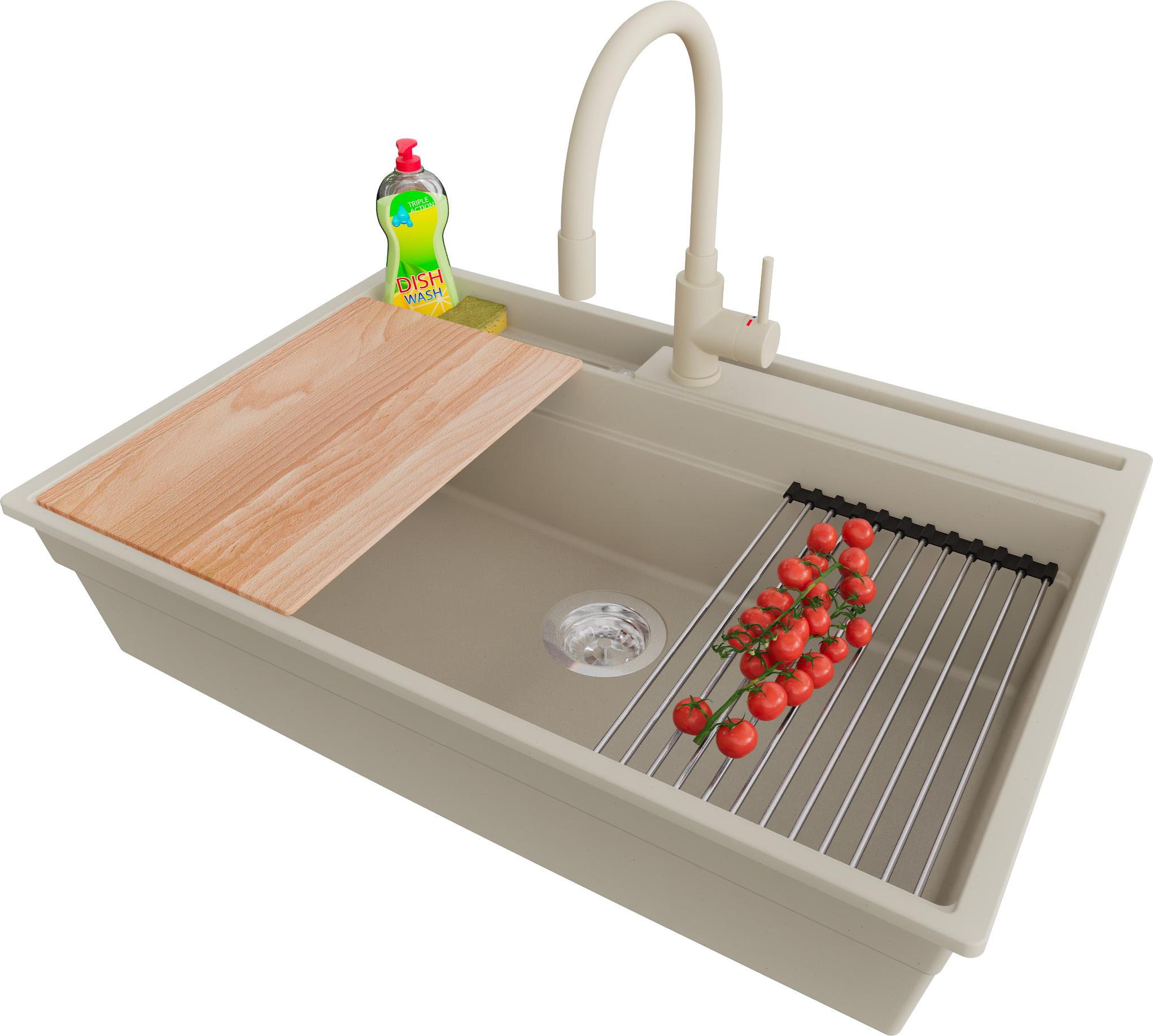 PRIMAGRAN Granitspüle Beige 78x53cm, Spülbecken 1 Becken + Ablauf-Set + Küchenzubehörset, Küchenspüle ab 80er Unterschrank - Oslo Pocket