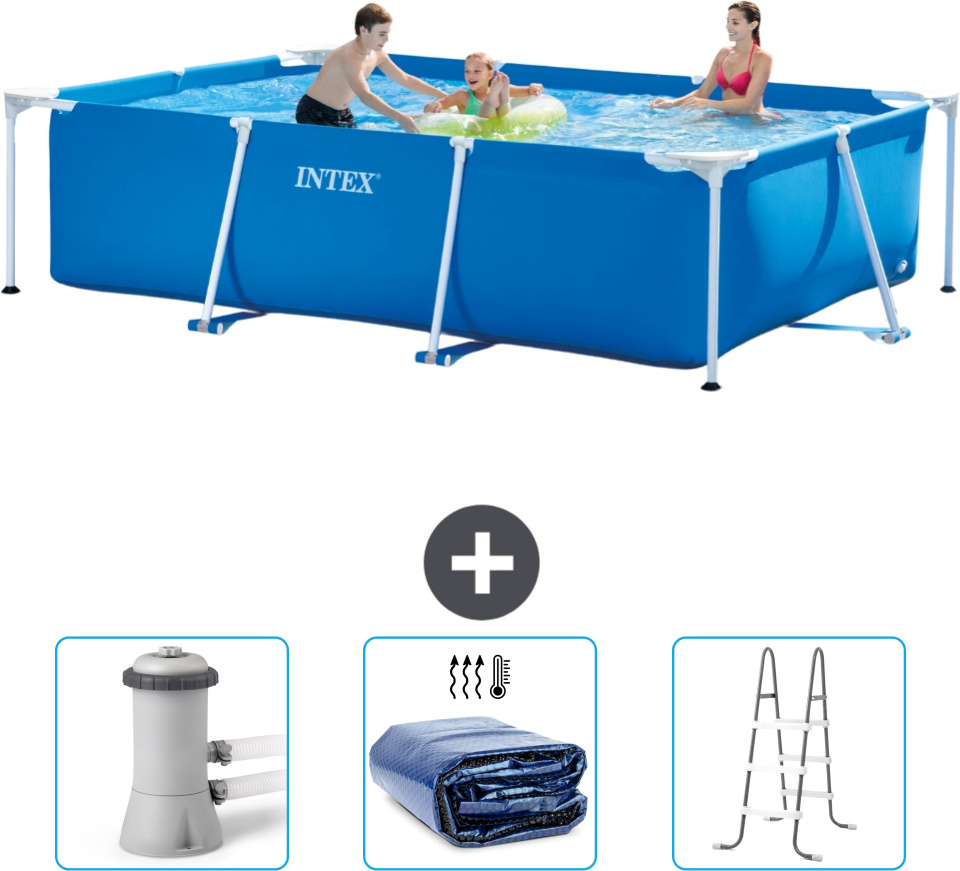 Bazén Intex s obdĺžnikovým rámom - 300 x 200 x 75 cm - modrý - súčasťou dodávky je filtračné čerpadlo pre bazén - slnečná plachta - rebrík
